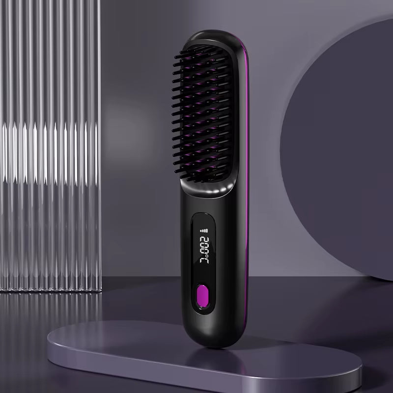 LCD Straight Hair Comb Portable Travel Hair Straightener Anti-Scald Heated Styling Brush USB Charging Cordless Hair Straightener