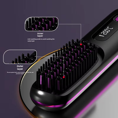 LCD Straight Hair Comb Portable Travel Hair Straightener Anti-Scald Heated Styling Brush USB Charging Cordless Hair Straightener
